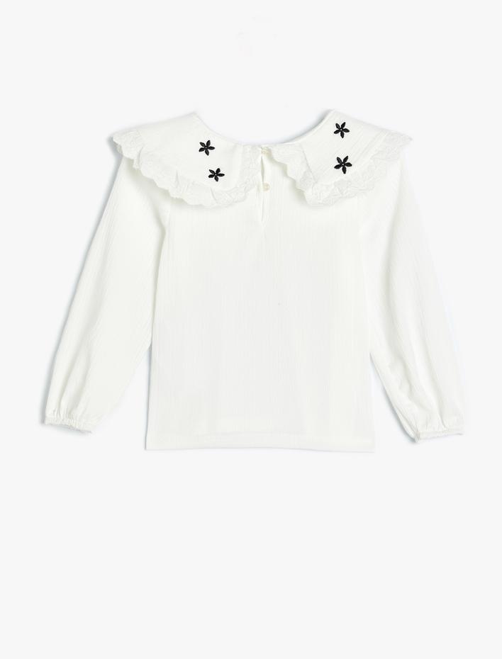 Kız Çocuk Geniş Bebe Yaka Bluz Uzun Kollu İşleme Detaylı Dokulu