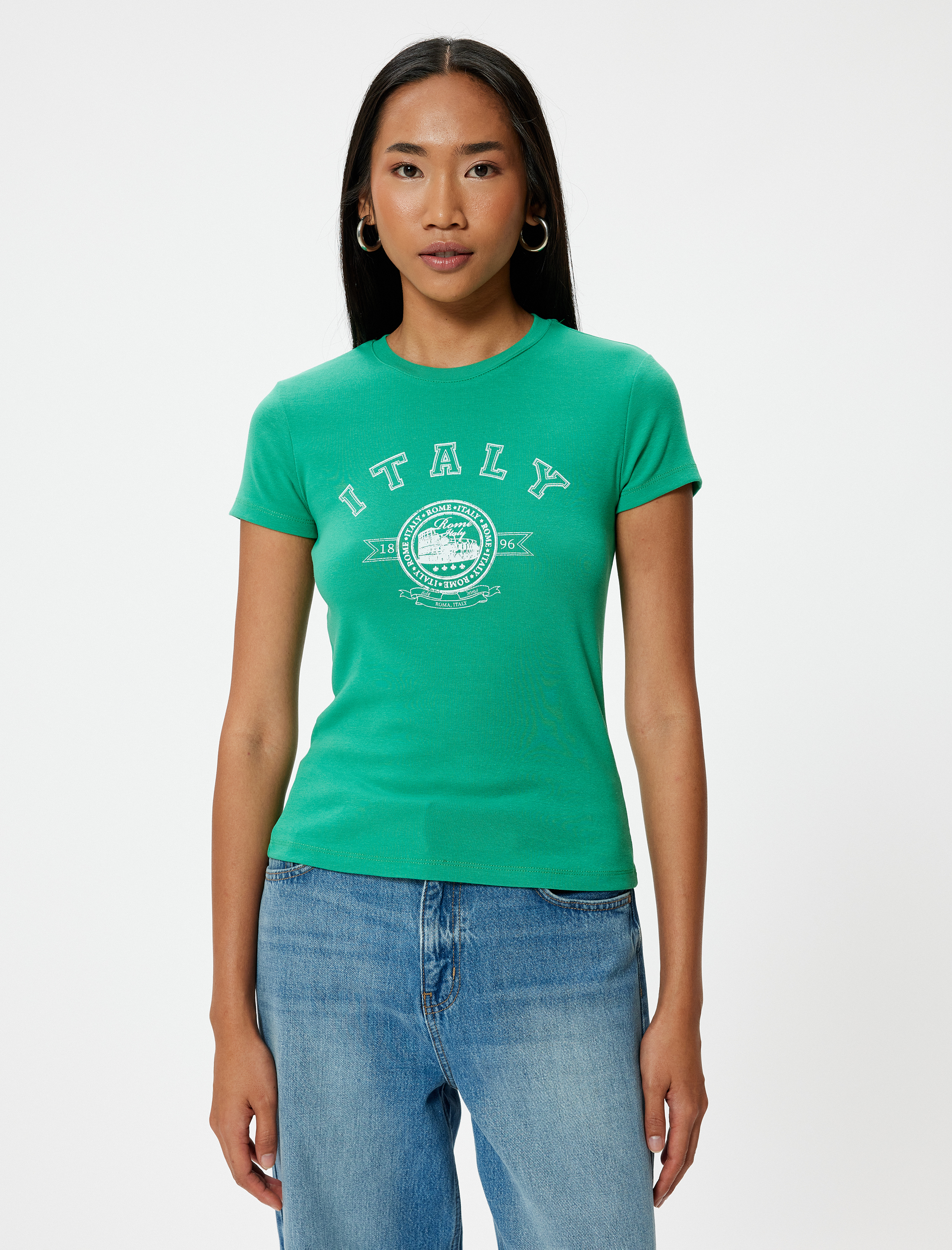   Baskılı Tişört Kısa Kollu Bisiklet Yaka