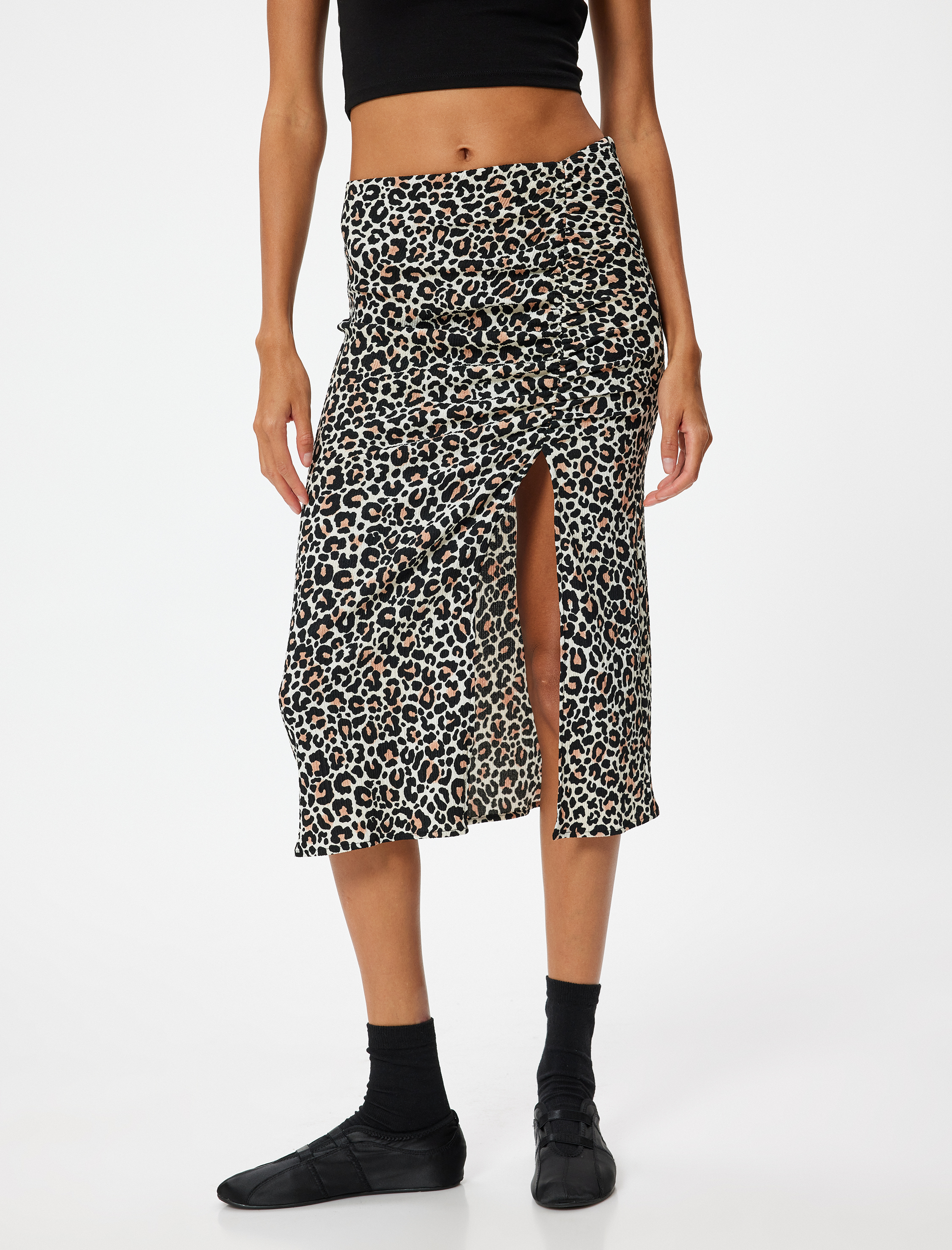   Leopar Desenli Etek Midi Yırtmaçlı Drapeli Bürümcük