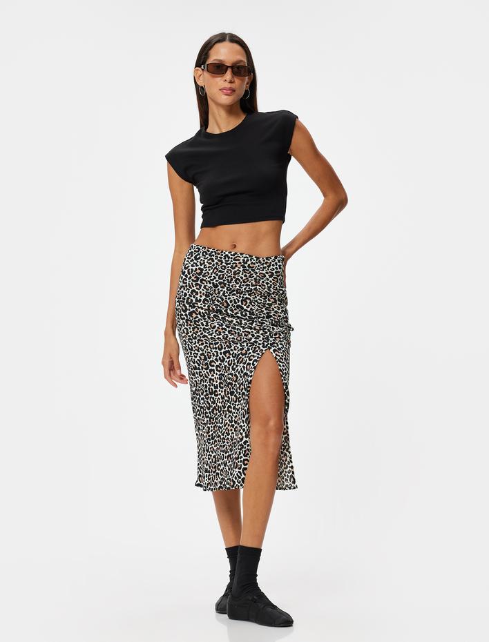  Leopar Desenli Etek Midi Yırtmaçlı Drapeli Bürümcük