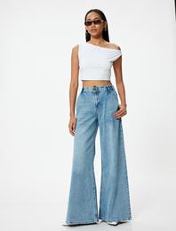 Geniş Paça Kot Pantolon Standart Bel Düğmeli - Bianca Wide Leg Jeans