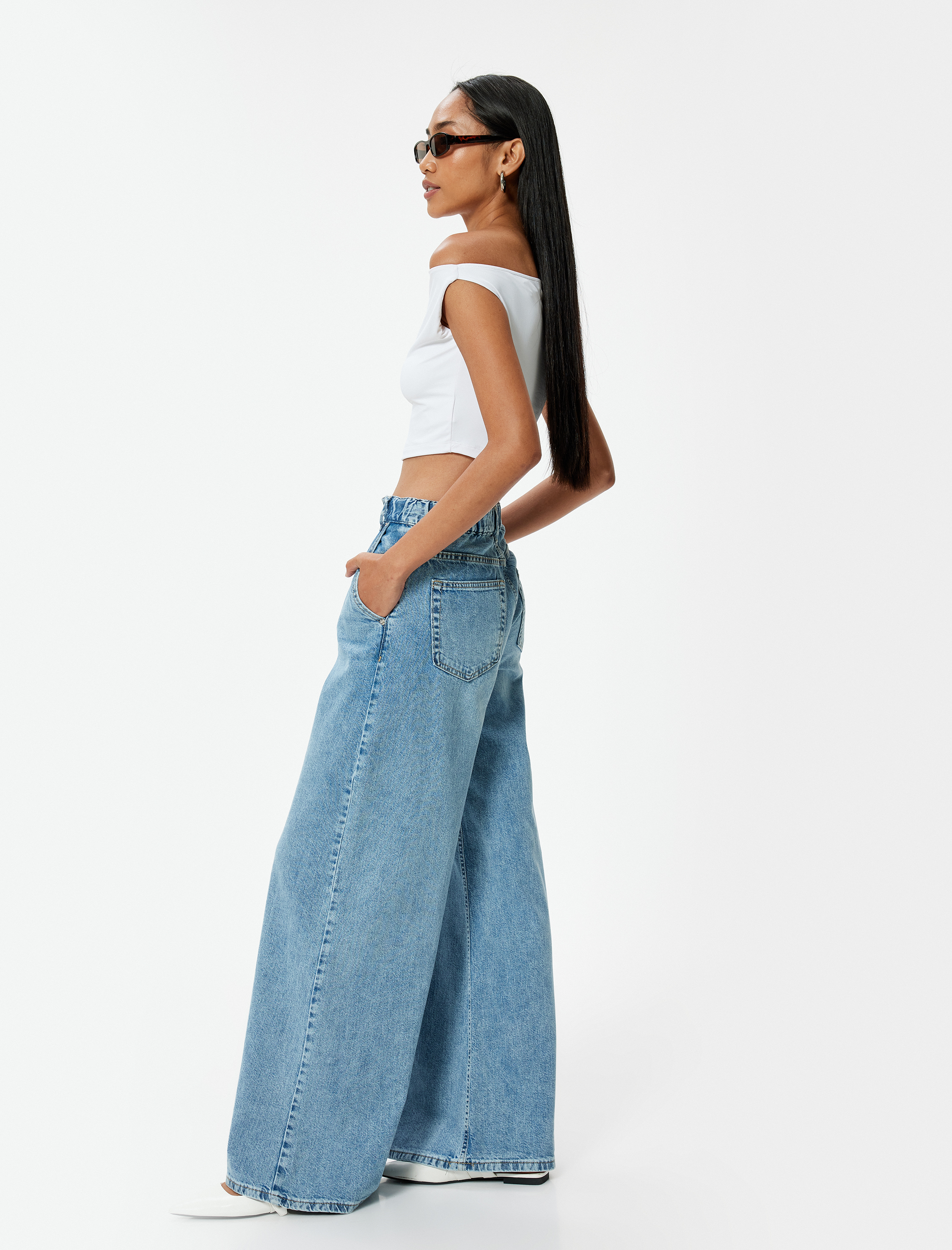   Geniş Paça Kot Pantolon Standart Bel Düğmeli - Bianca Wide Leg Jeans