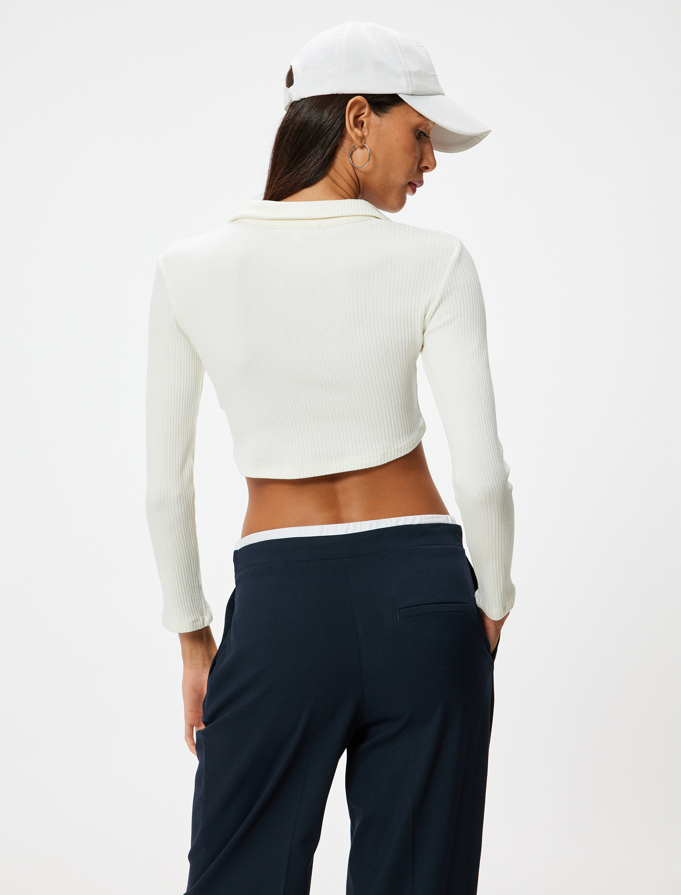 Crop Hırka Fermuarlı Gömlek Yaka Asimetrik Kesim Slim Fit