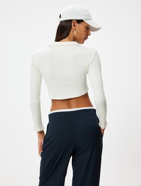 Crop Hırka Fermuarlı Gömlek Yaka Asimetrik Kesim Slim Fit_3