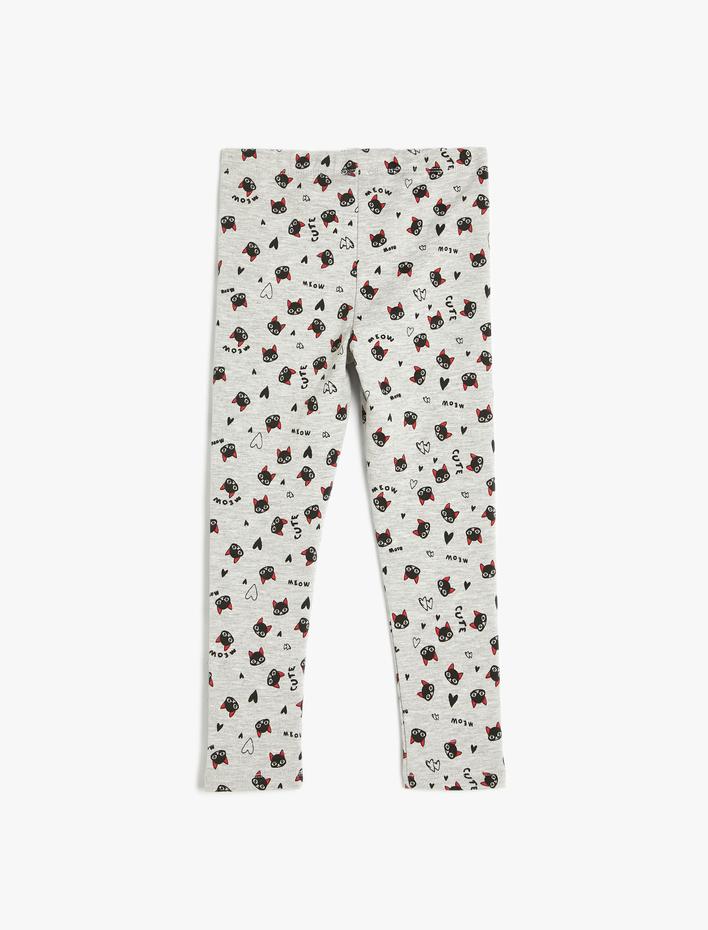 Kız Çocuk Kedi Baskılı Beli Lastikli Şardonlu Tayt