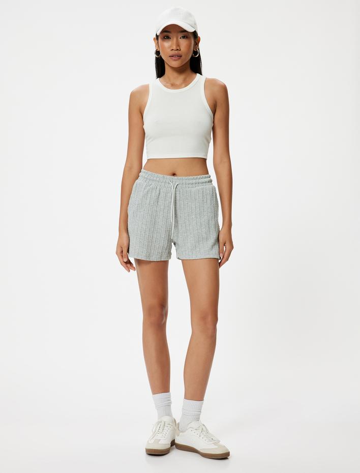  Dokulu Mini Şort Beli Bağlamalı Cepli