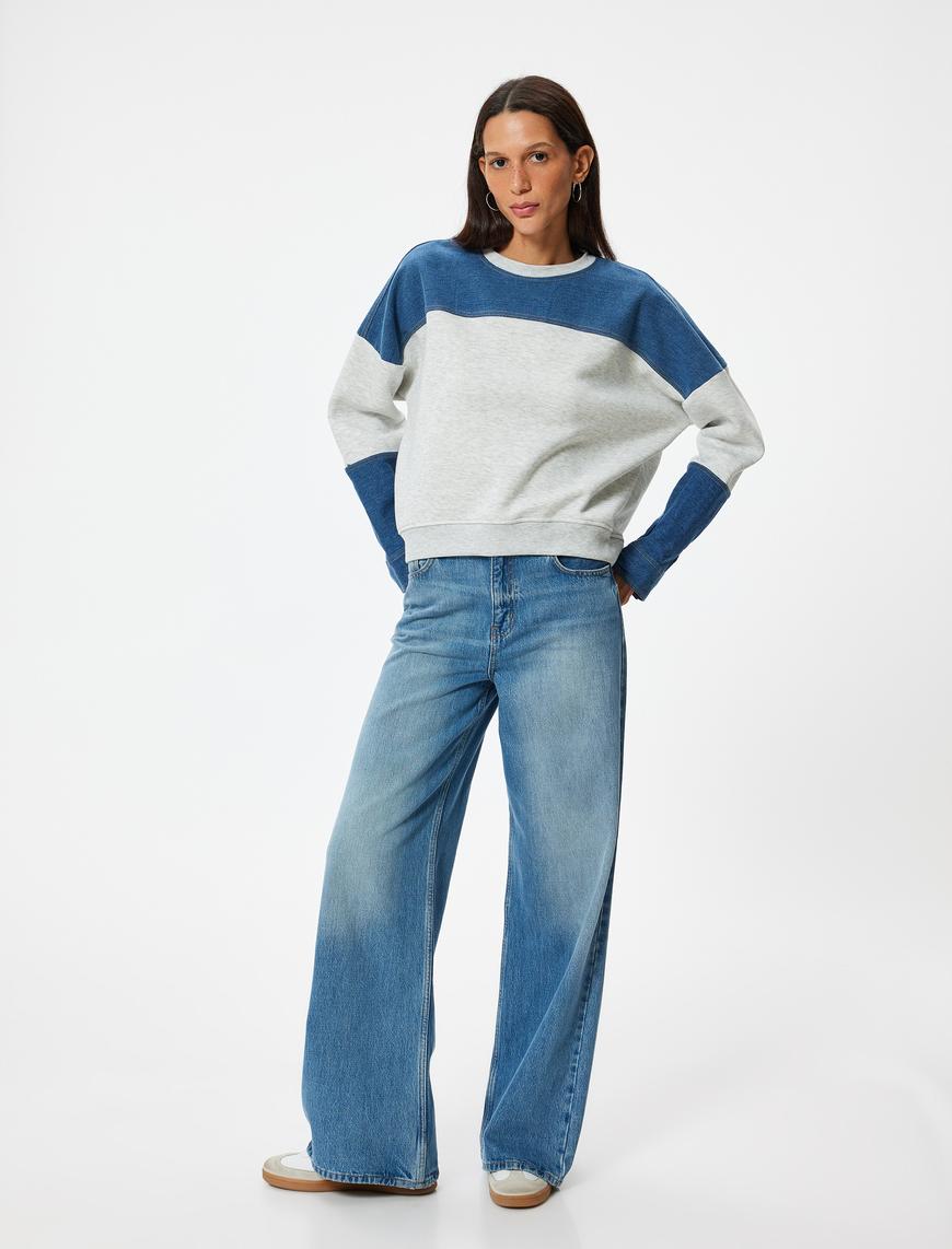   Oversize Sweatshirt Renk Bloklu Bisiklet Yaka Fermuar Detaylı Şardonlu
