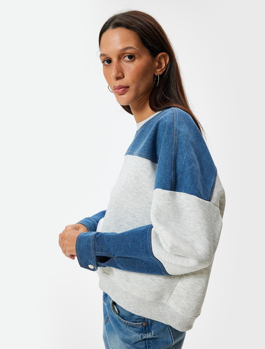   Oversize Sweatshirt Renk Bloklu Bisiklet Yaka Fermuar Detaylı Şardonlu