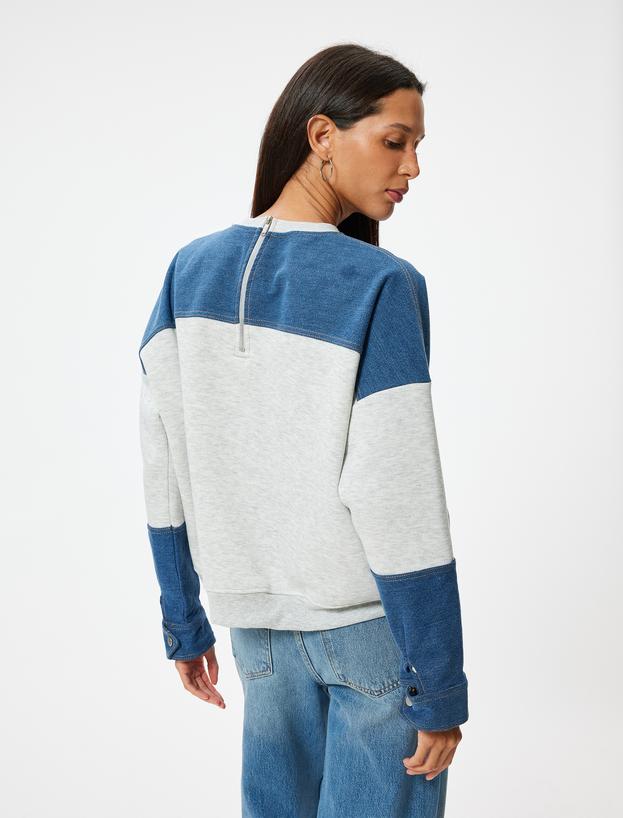 Oversize Sweatshirt Renk Bloklu Bisiklet Yaka Fermuar Detaylı Şardonlu_3