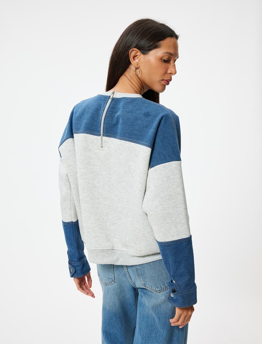   Oversize Sweatshirt Renk Bloklu Bisiklet Yaka Fermuar Detaylı Şardonlu