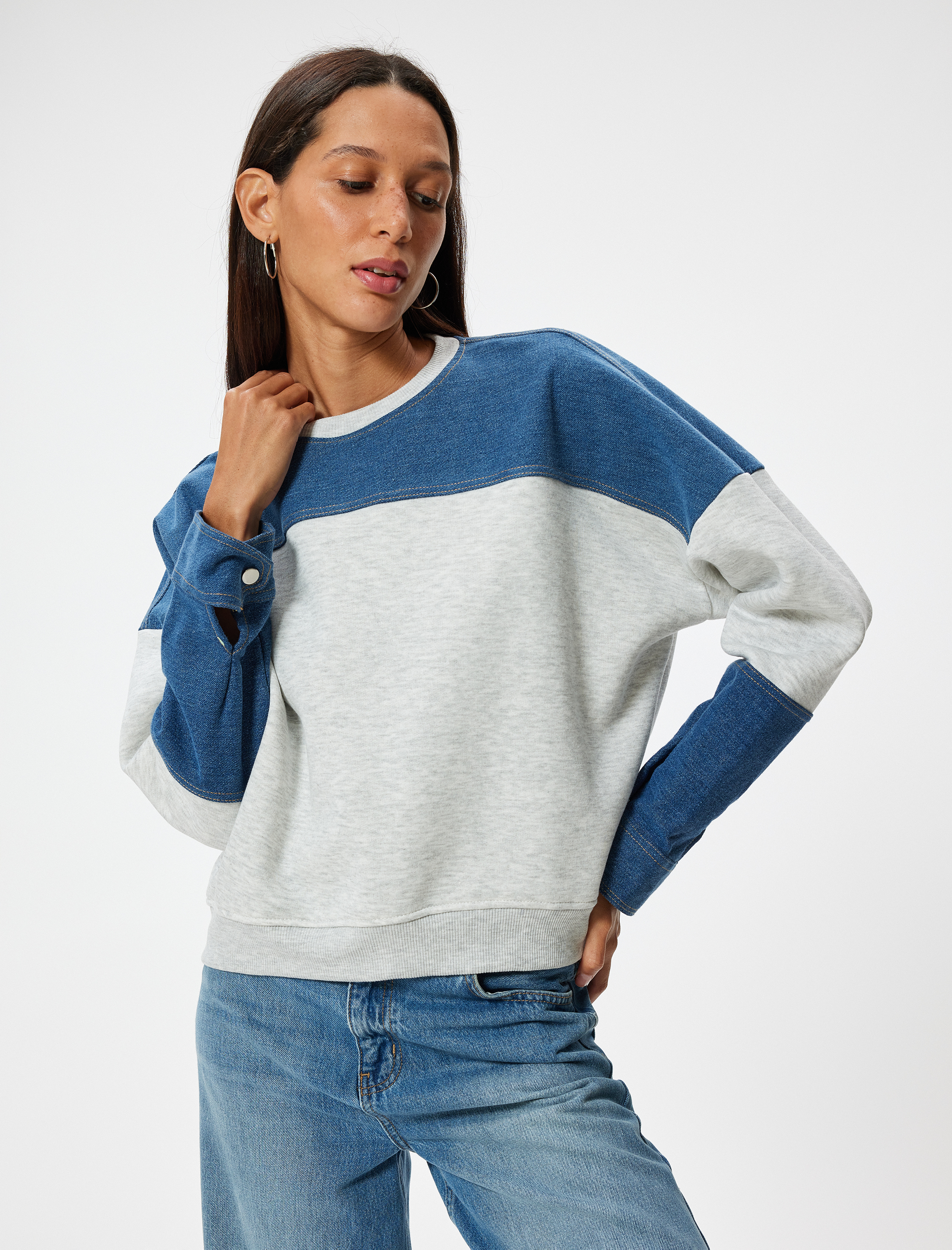   Oversize Sweatshirt Renk Bloklu Bisiklet Yaka Fermuar Detaylı Şardonlu