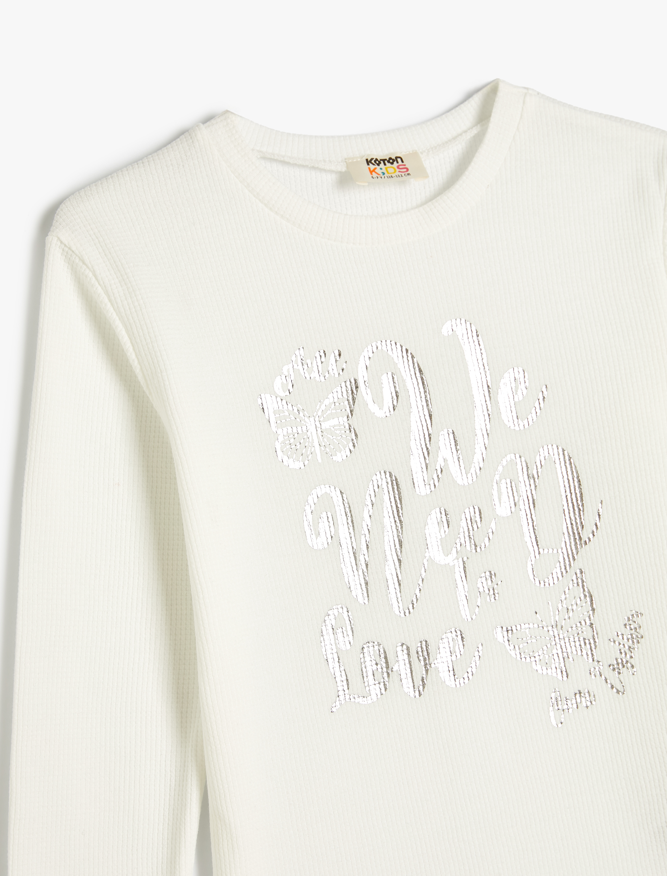  Kız Çocuk Slogan Baskılı Bisiklet Yaka Uzun Kollu Tişört