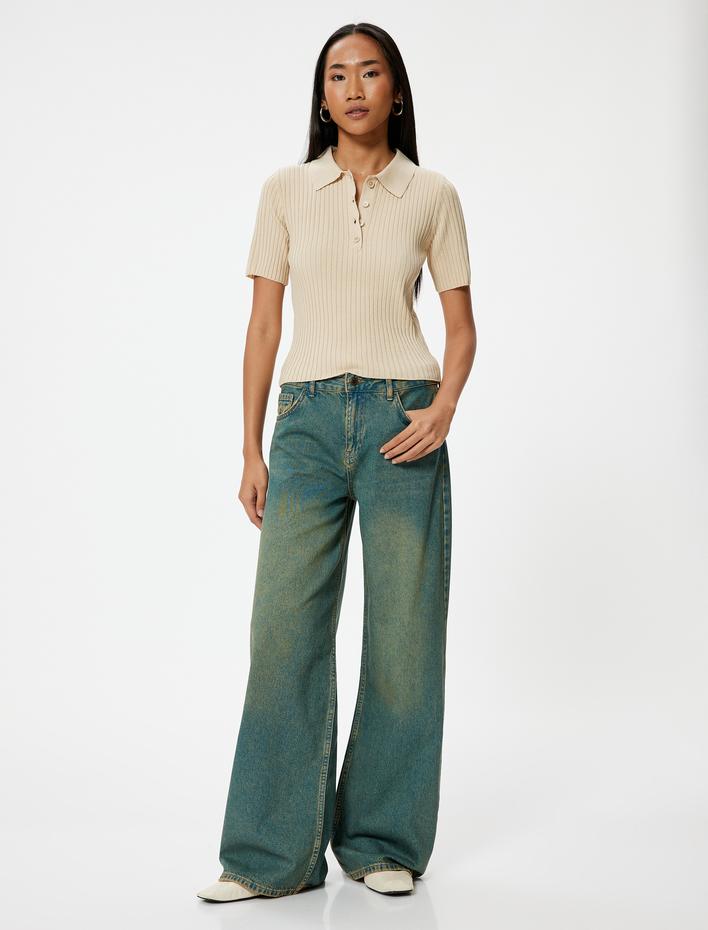  Standart Bel Bol Kalıp Düz Paça Cepli Pamuklu Kot Pantolon - Loose Straight Fit Jean