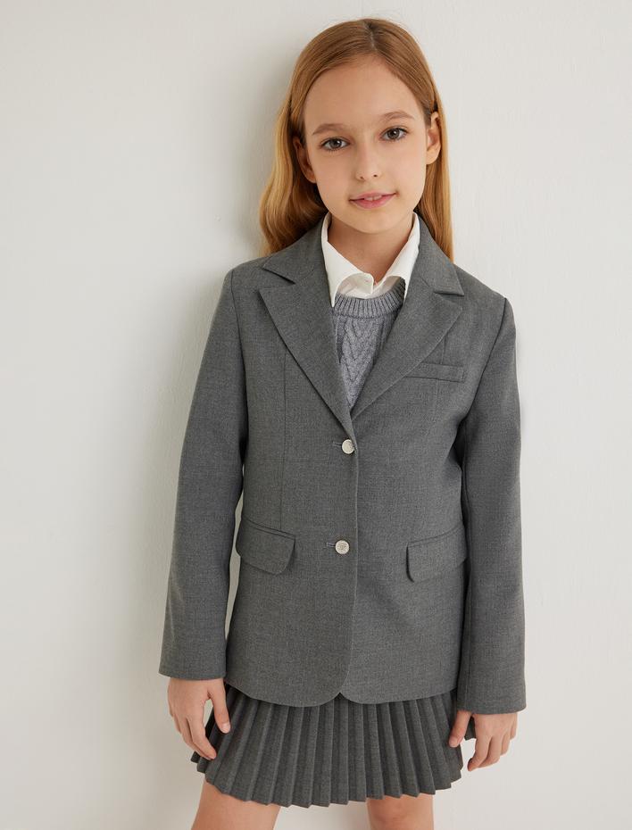 Kız Çocuk Blazer Ceket Klasik Yaka Cep Detaylı Uzun Kollu Düğmeli