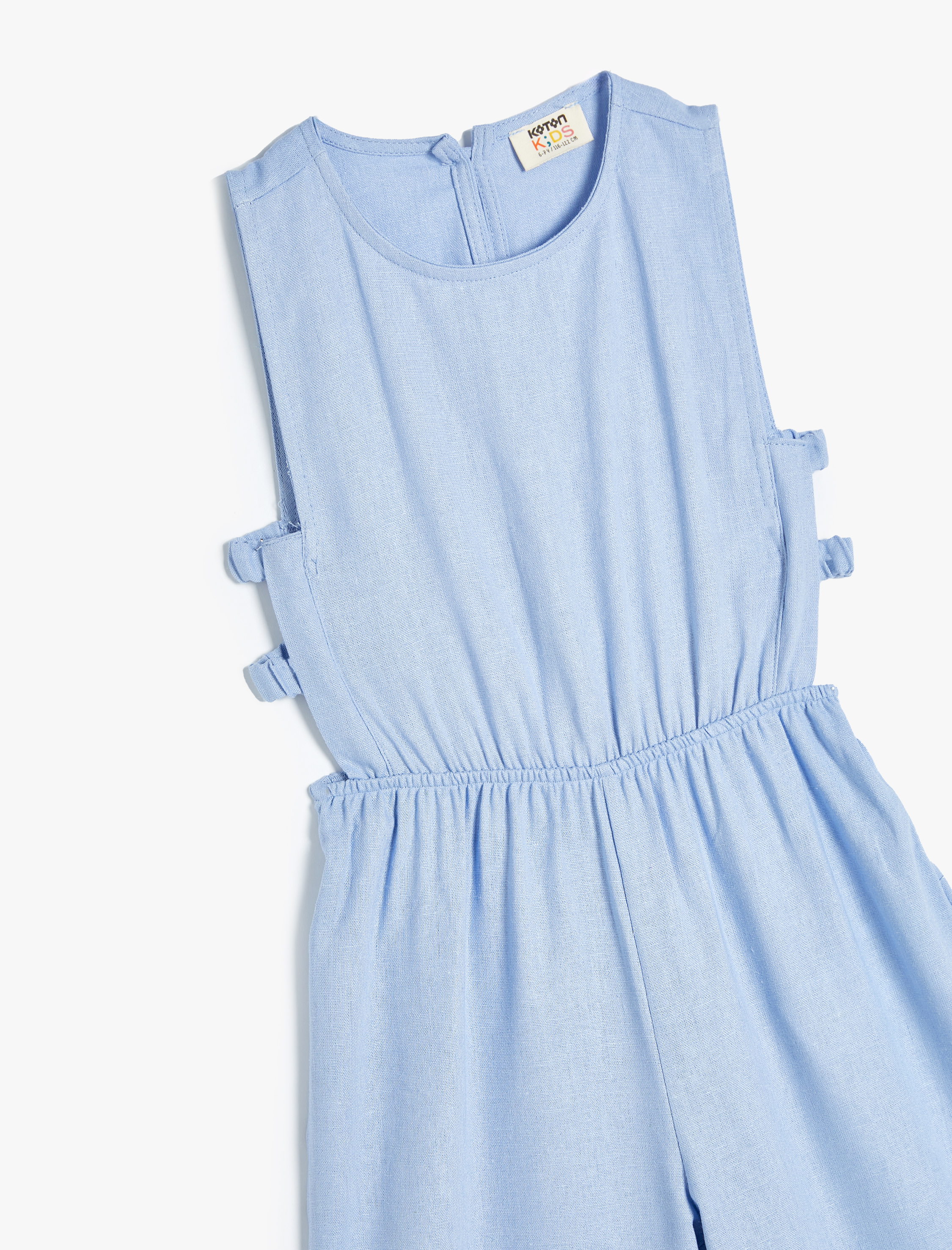  Kız Çocuk Keten Tulum Tam Boy Kolsuz Yuvarlak Yaka Pencere Detaylı