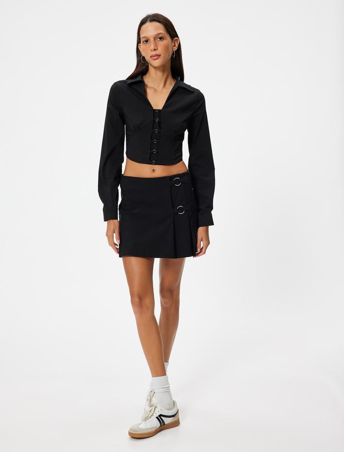  Crop Bluz V Yaka Uzun Kollu Gipeli Metal Aksesuarlı Slim Fit