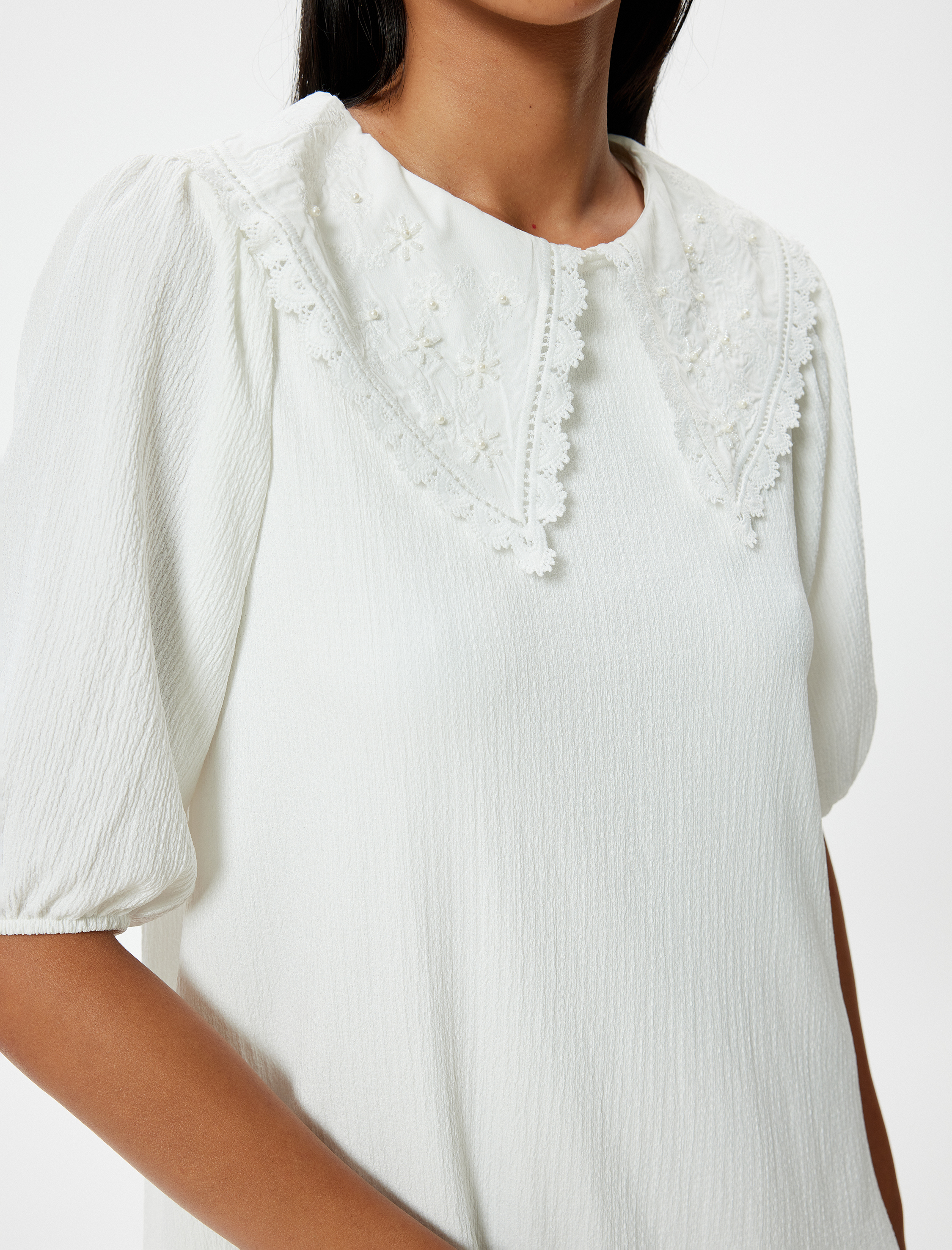   Balon Kol Mini Elbise Astarlı Geniş Bebe Yaka İşleme Detaylı