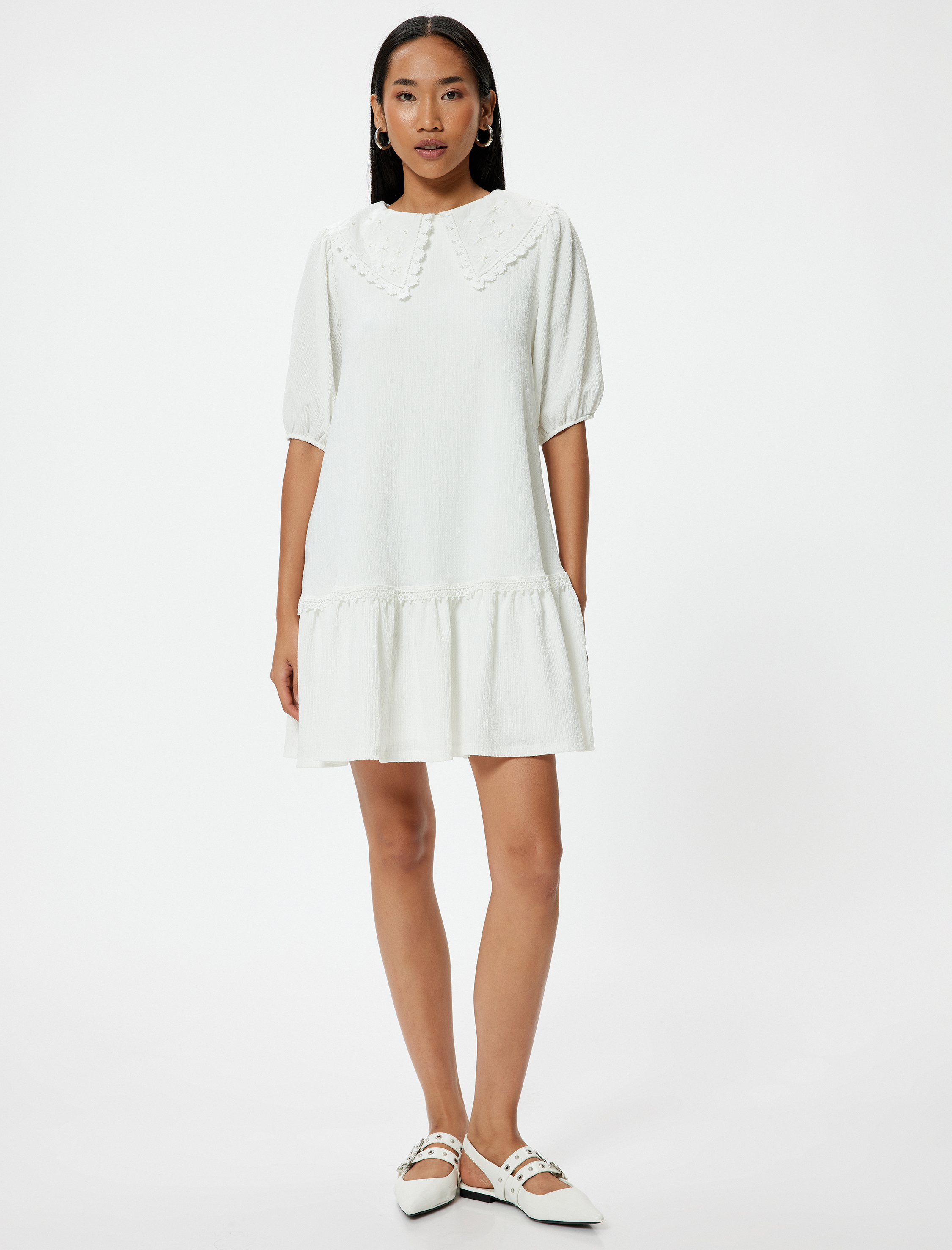   Balon Kol Mini Elbise Astarlı Geniş Bebe Yaka İşleme Detaylı