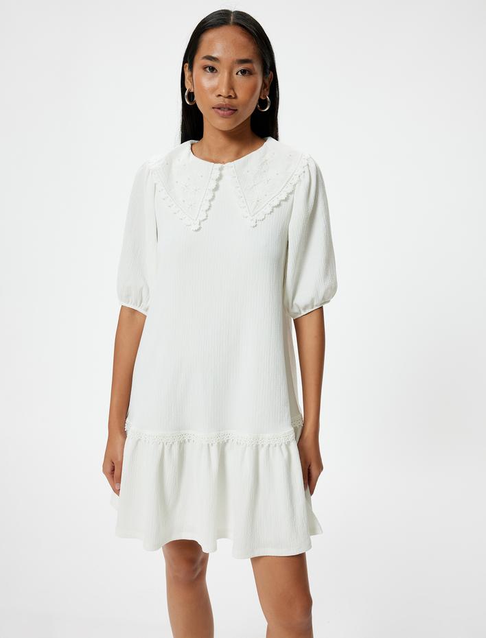  Balon Kol Mini Elbise Astarlı Geniş Bebe Yaka İşleme Detaylı