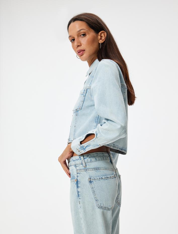  Crop Kot Ceket Cep Detaylı Düğmeli Rahat Kalıp