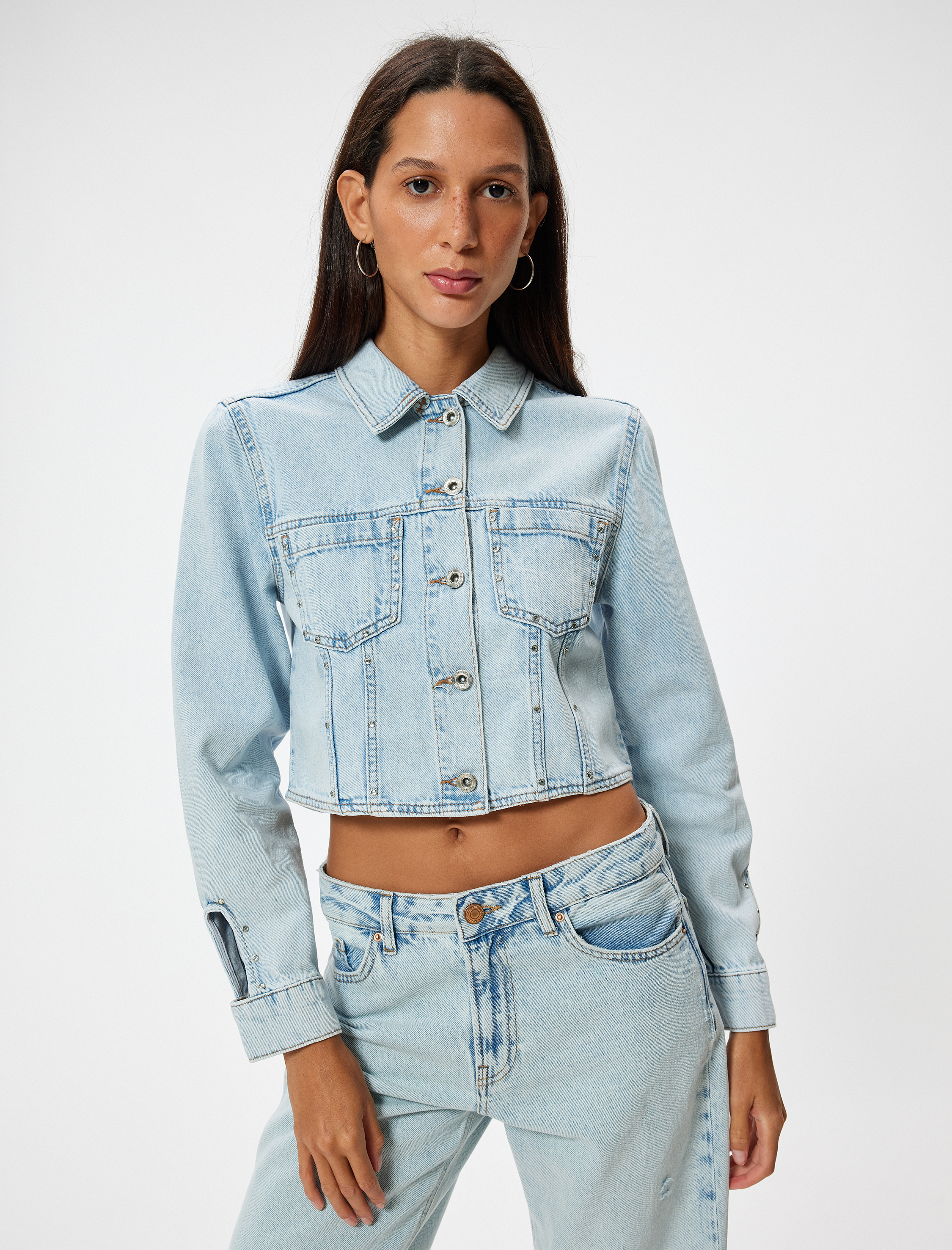   Crop Kot Ceket Cep Detaylı Düğmeli Rahat Kalıp