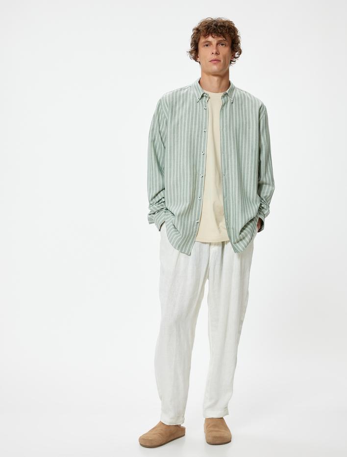  Regular Fit Gömlek Uzun Kollu Düğmeli Yaka Detaylı Pamuk Karışımlı