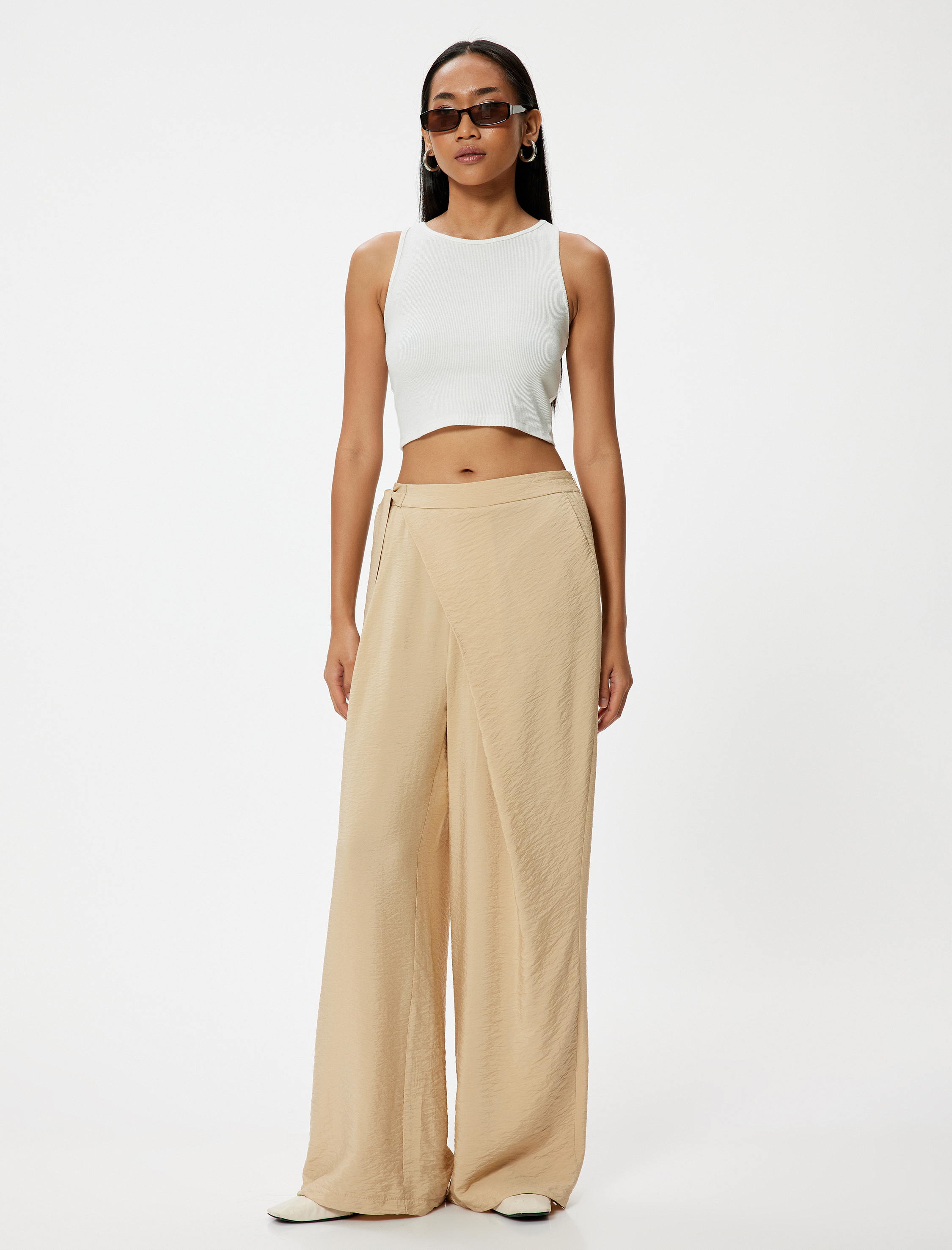   Geniş Paça Pantolon Yüksek Bel Kemer Detaylı Cepli