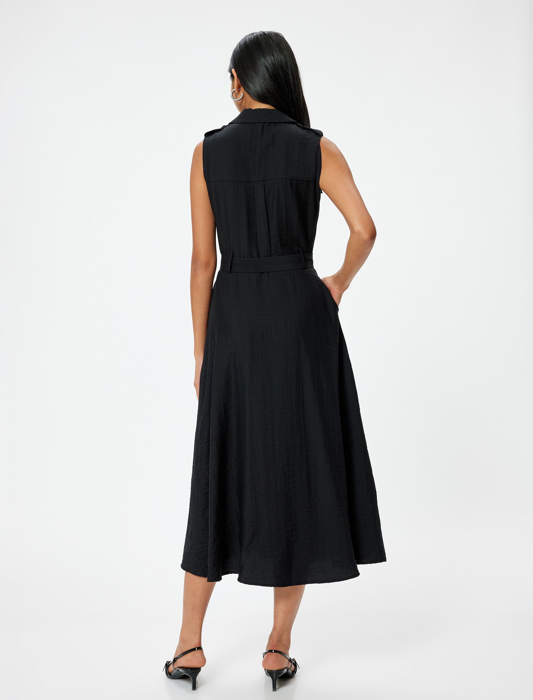   Midi Boy Kolsuz Gömlek Elbise Kemer Detaylı Cepli