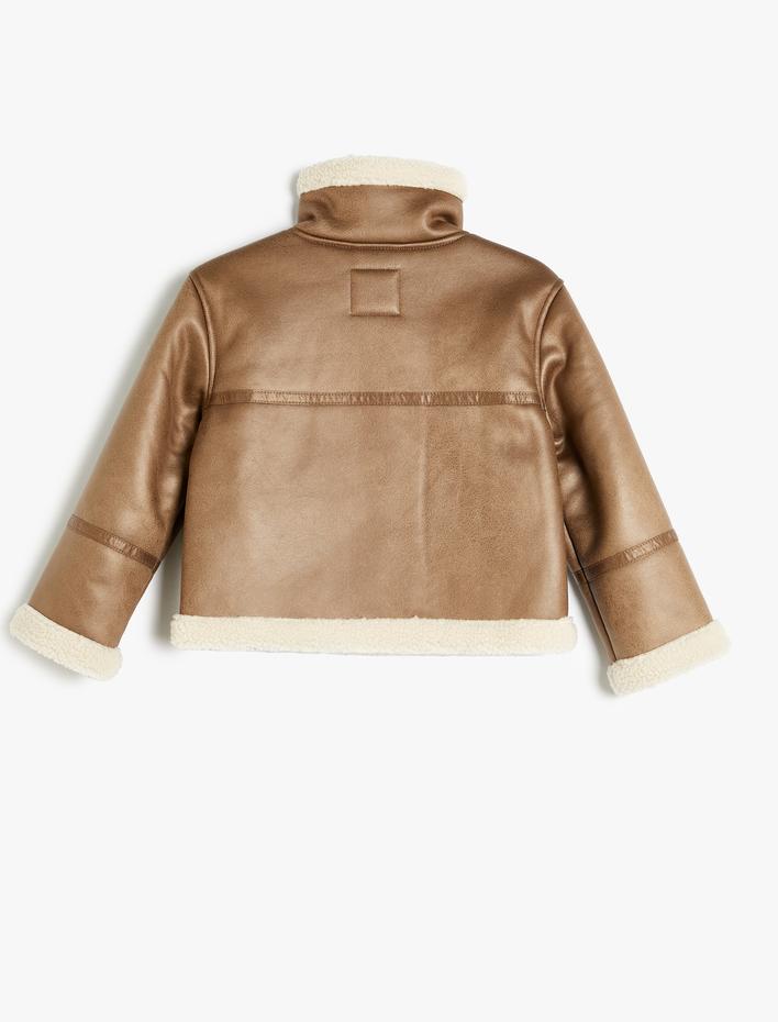 Kız Çocuk Deri Görünümlü Ceket Peluş Detaylı Dik Yaka Cepli