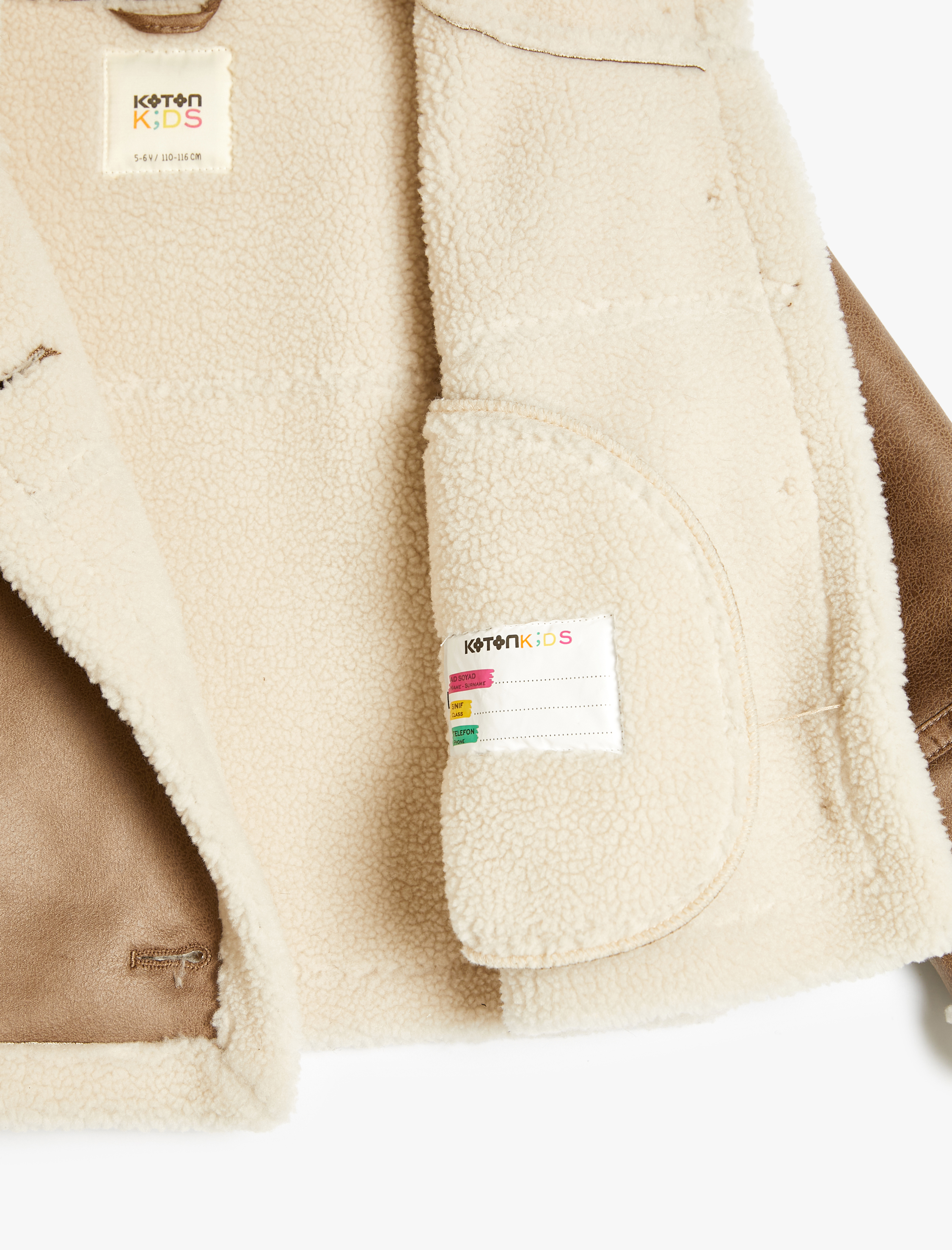  Kız Çocuk Deri Görünümlü Ceket Peluş Detaylı Dik Yaka Cepli