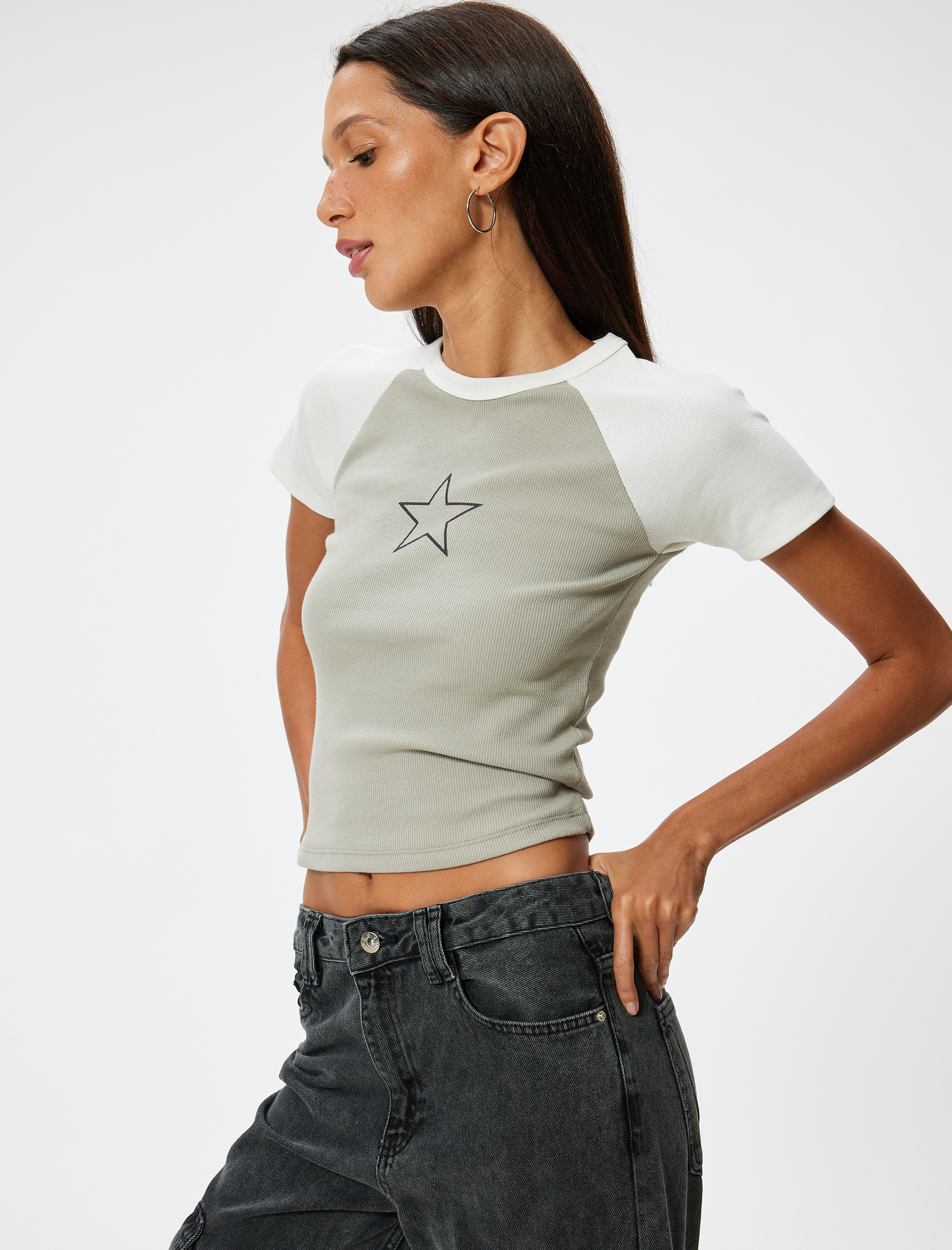 Yıldız Baskılı Tişört Reglan Kollu Bisiklet Yaka Slim Fit