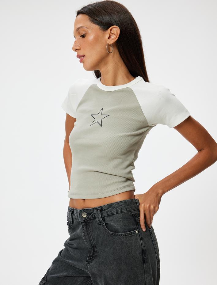  Yıldız Baskılı Tişört Reglan Kollu Bisiklet Yaka Slim Fit
