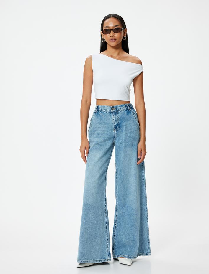  Crop Omzu Açık Tişört Asimetrik Yaka Slim Fit