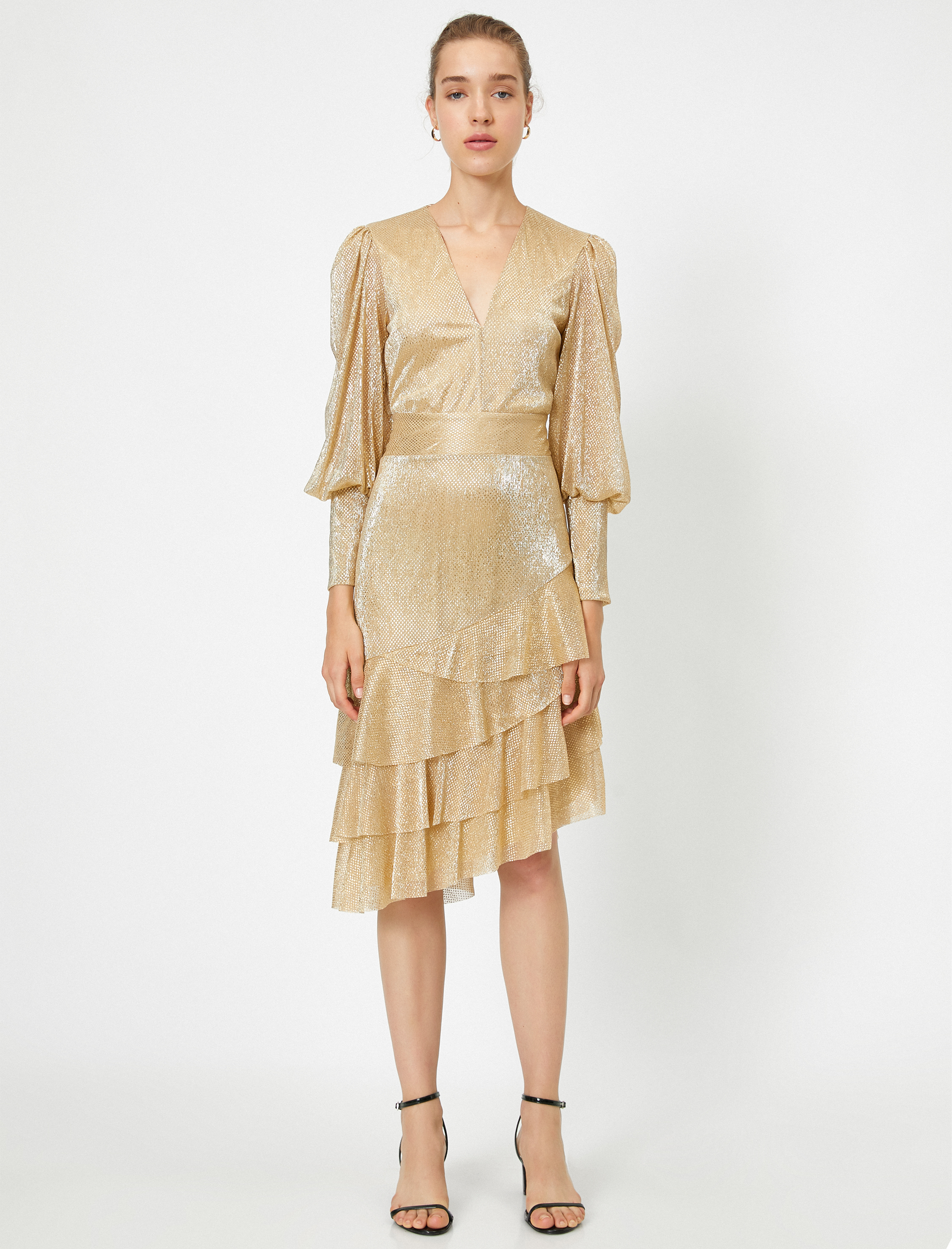   Asimetrik Uzun Kollu Parlak Abiye Elbise