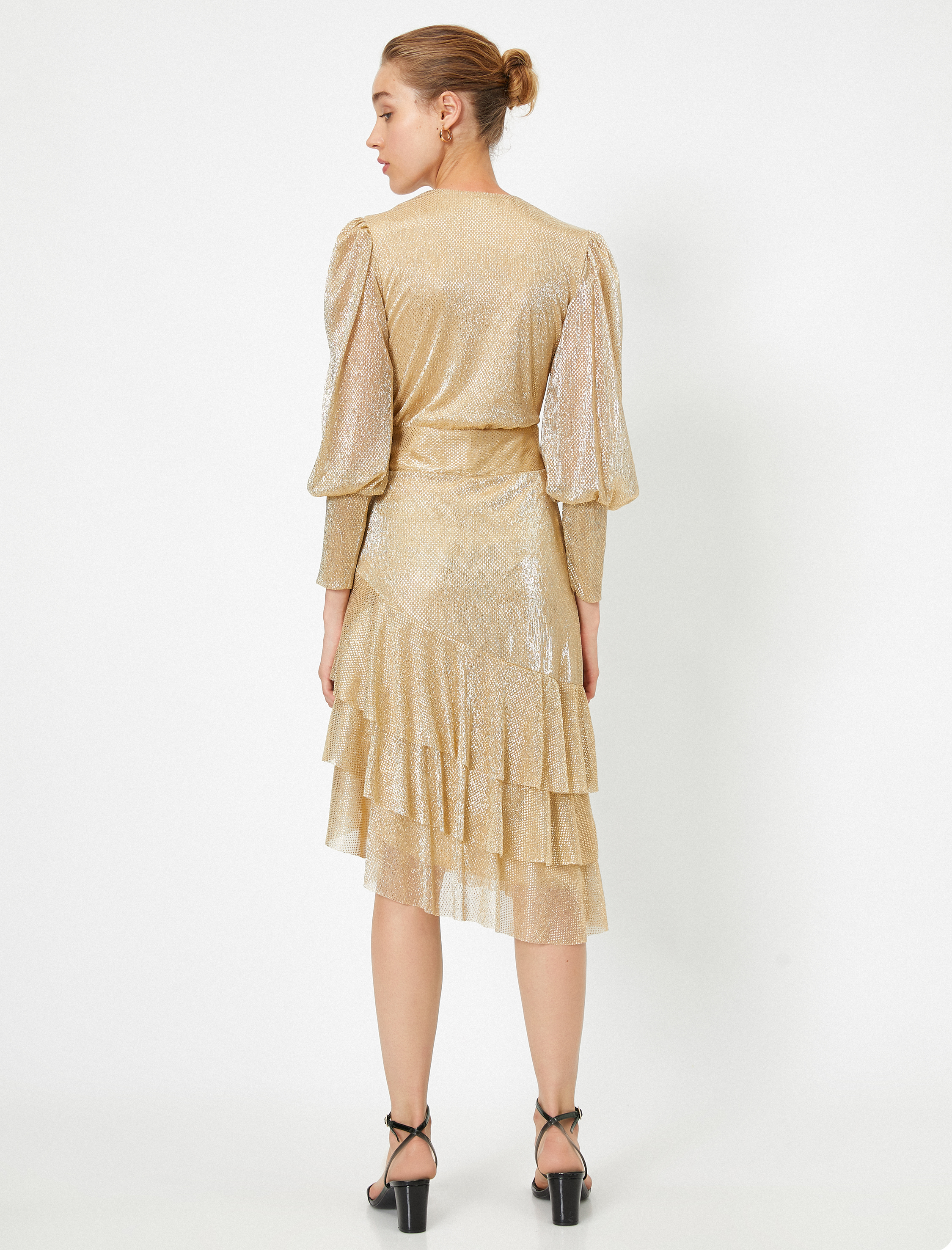   Asimetrik Uzun Kollu Parlak Abiye Elbise