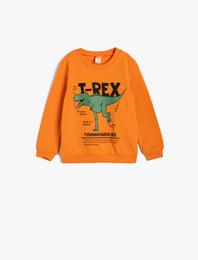 Dinozor Baskılı Uzun Kollu Bisiklet Yaka Pamuklu Şardonlu Sweatshirt