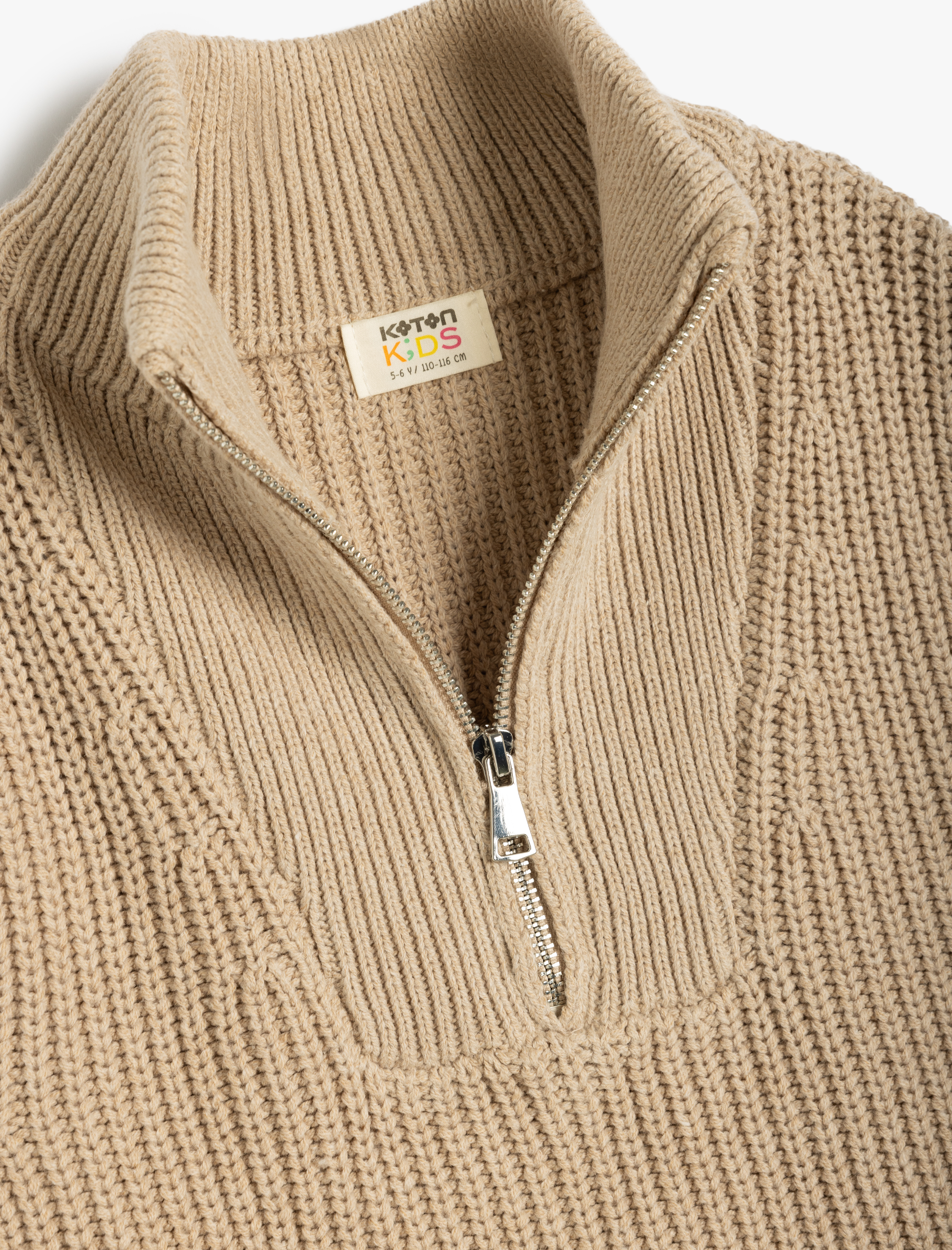 Kız Çocuk Örgü Süveter Yarım Fermuarlı Dik Yaka Ribanalı