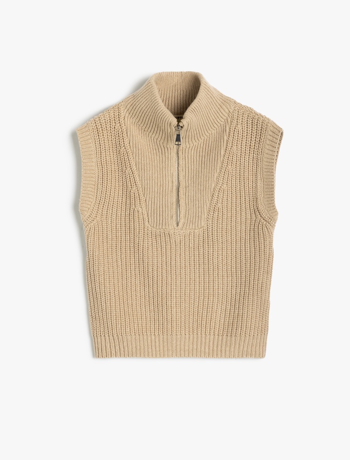 Kız Çocuk Örgü Süveter Yarım Fermuarlı Dik Yaka Ribanalı