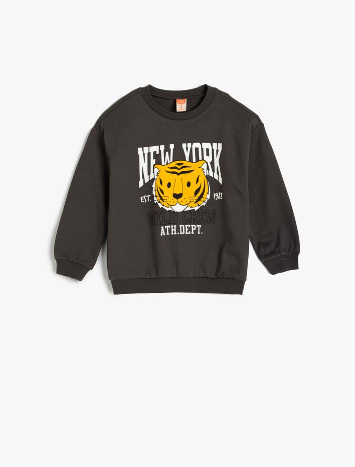 Erkek Bebek Sweatshirt Aslan Baskılı Uzun Kollu Bisiklet Yaka Pamuklu Şardonlu