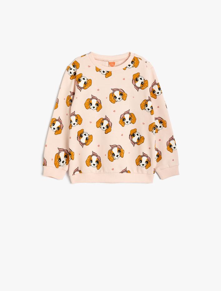 Kız Bebek Sweatshirt Köpek Baskılı Bisiklet Yaka Uzun Kollu Pamuklu