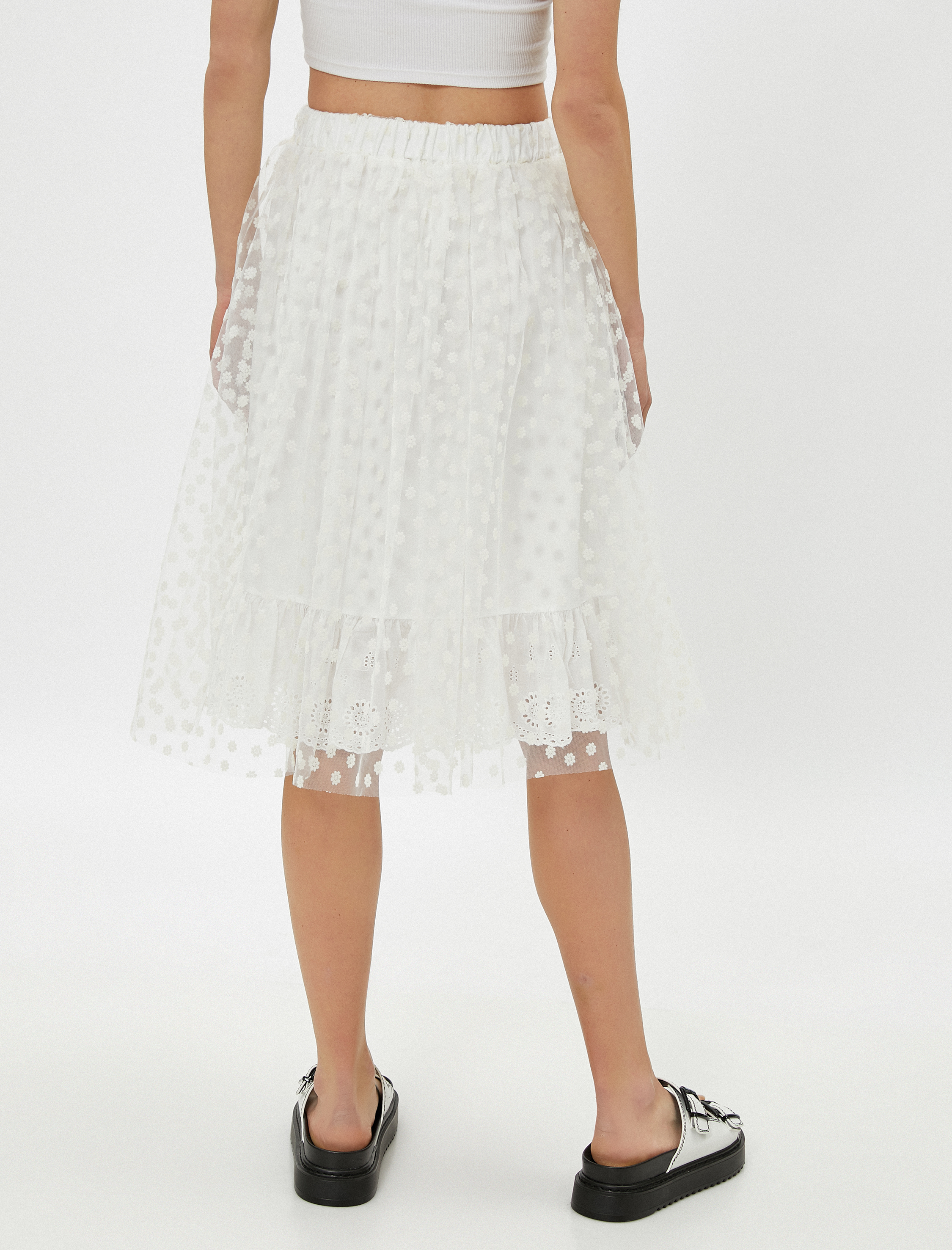   Fırfırlı Çiçekli Dantelli Tül Etek