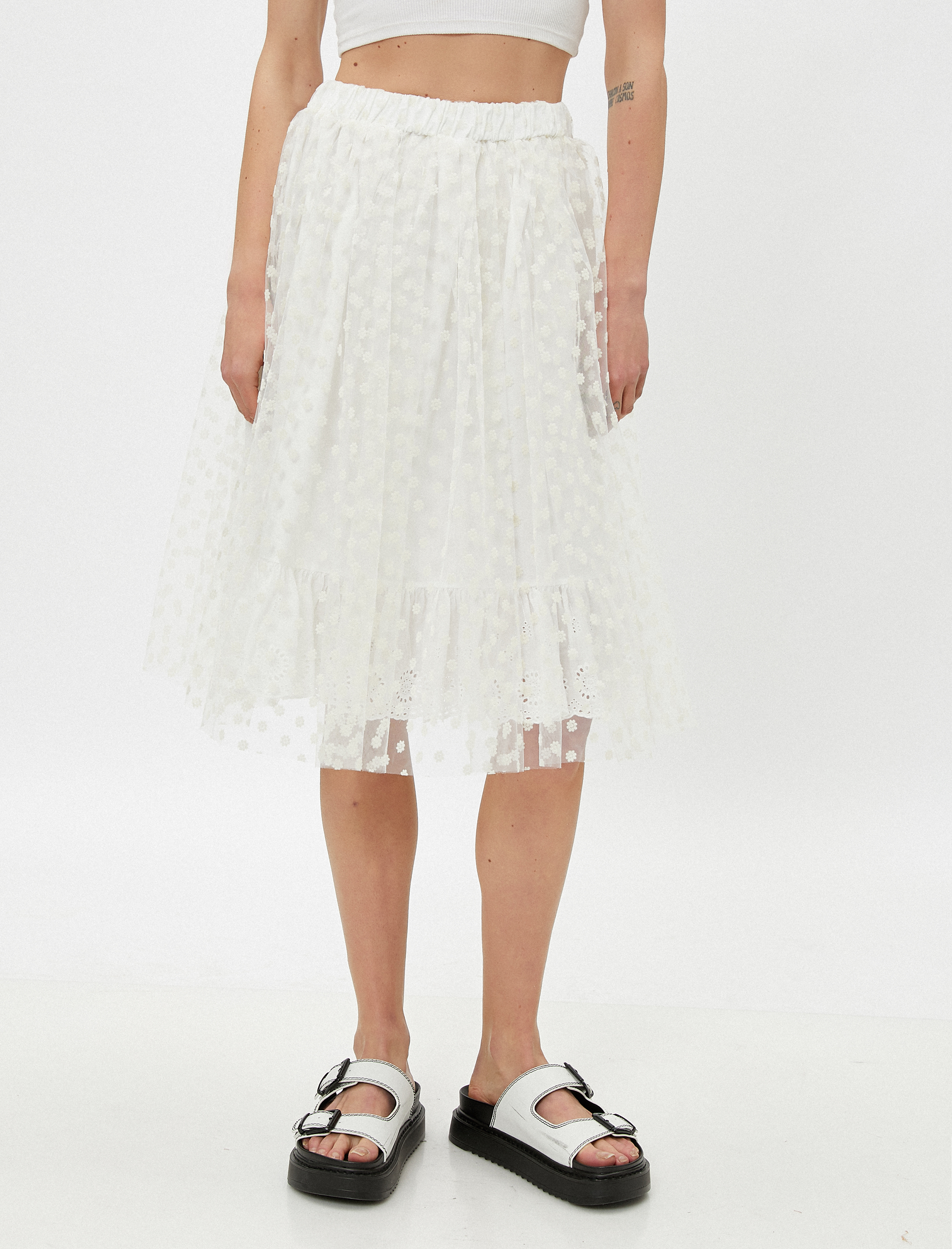   Fırfırlı Çiçekli Dantelli Tül Etek