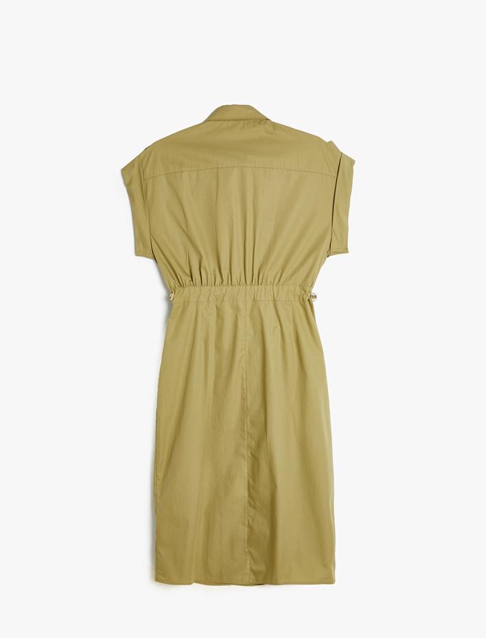  Midi Gömlek Elbise Kolsuz Kapaklı Cepli Bol Kalıp Beli Lastikli