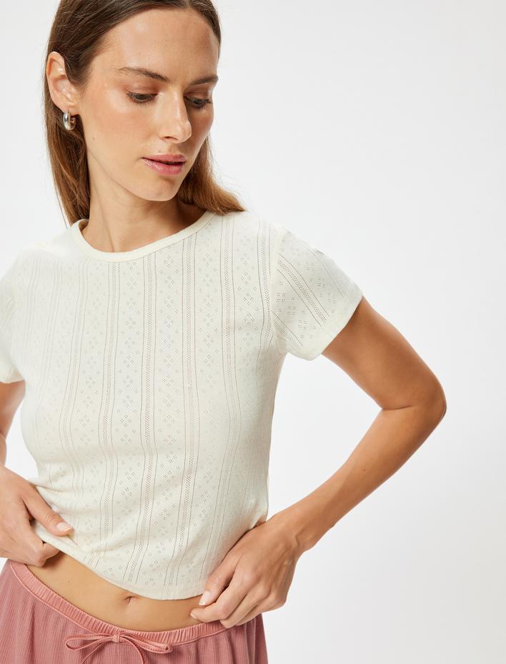  Crop Pijama Üstü Kısa Kollu Bisiklet Yaka Rahat Kalıp