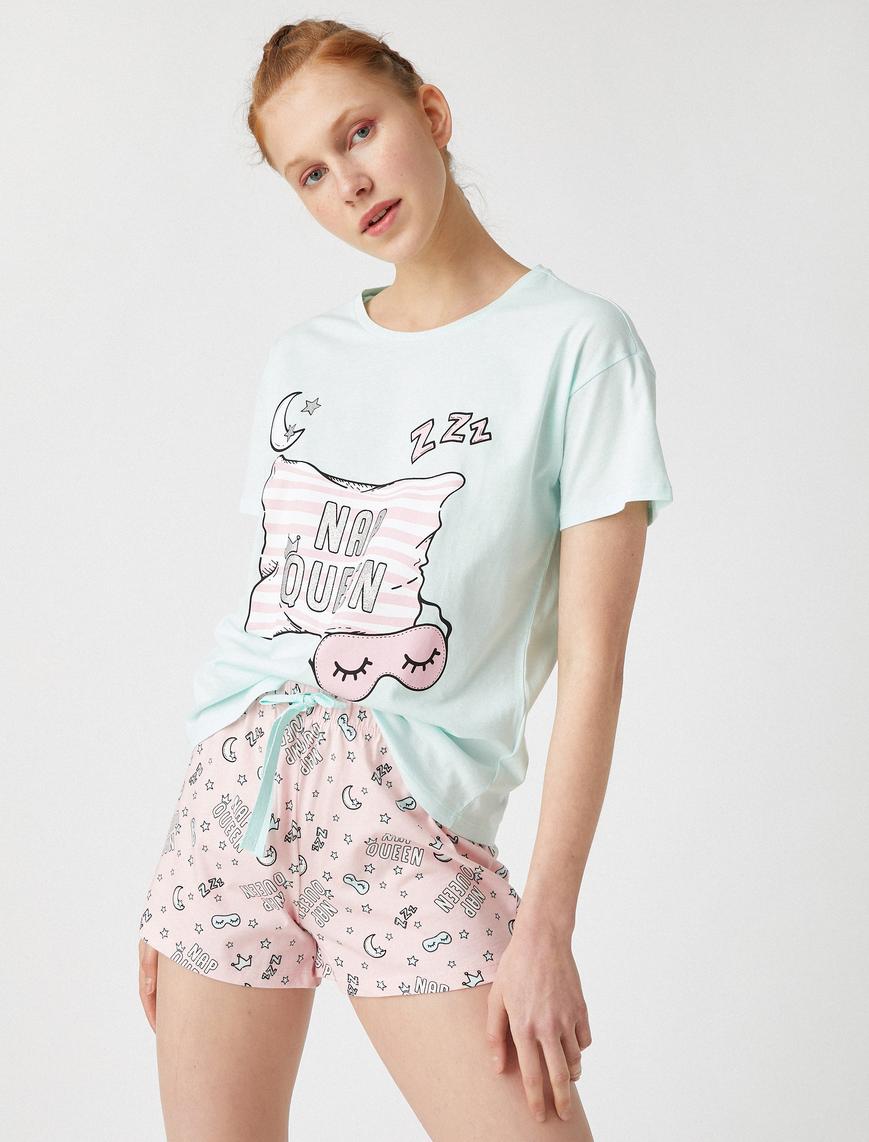   Şortlu Pijama Takımı Baskılı Pamuklu