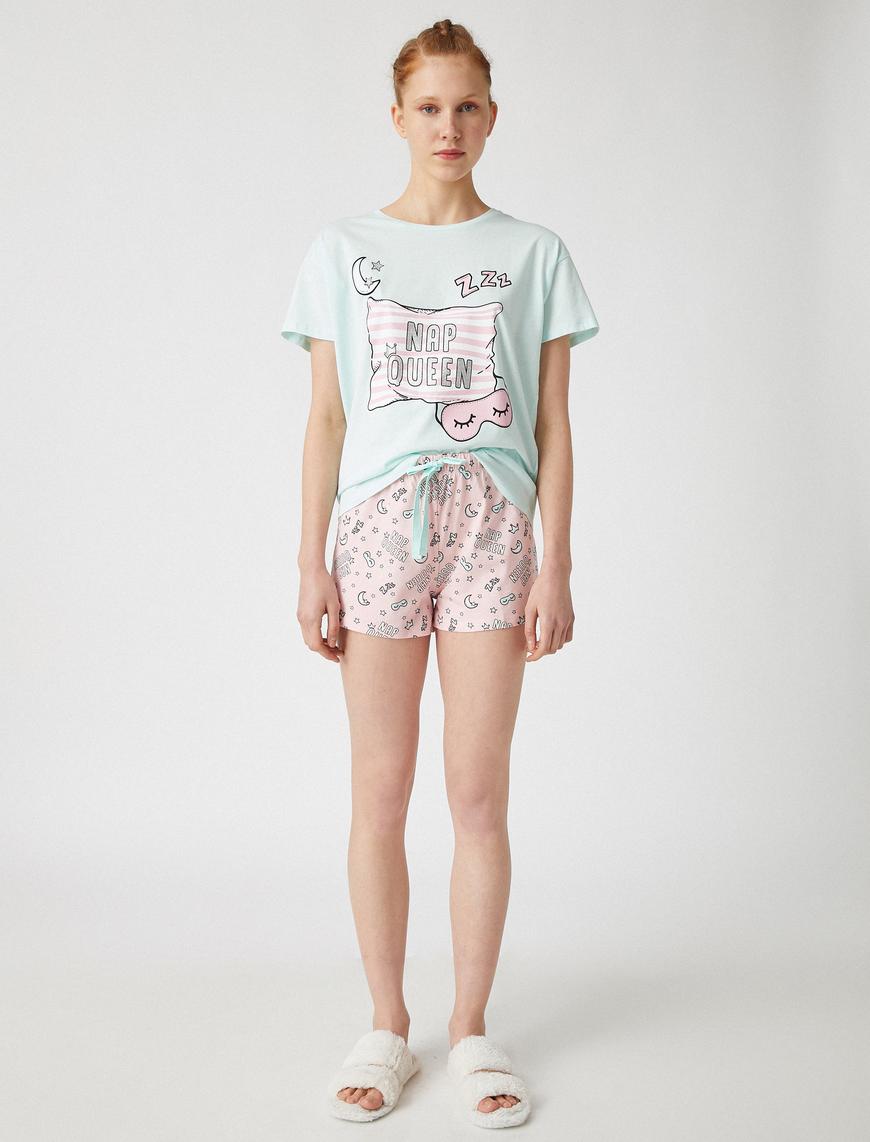   Şortlu Pijama Takımı Baskılı Pamuklu