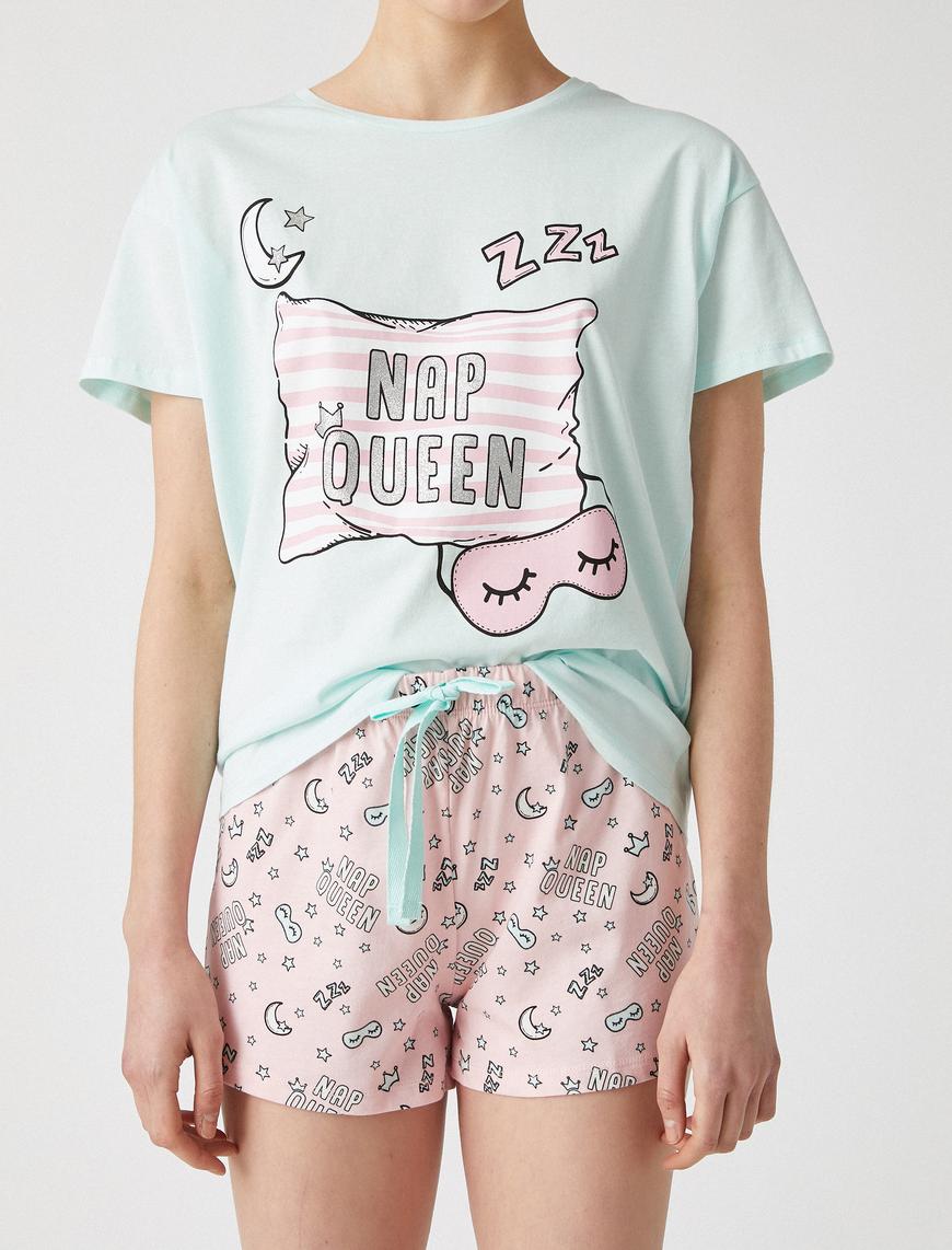   Şortlu Pijama Takımı Baskılı Pamuklu