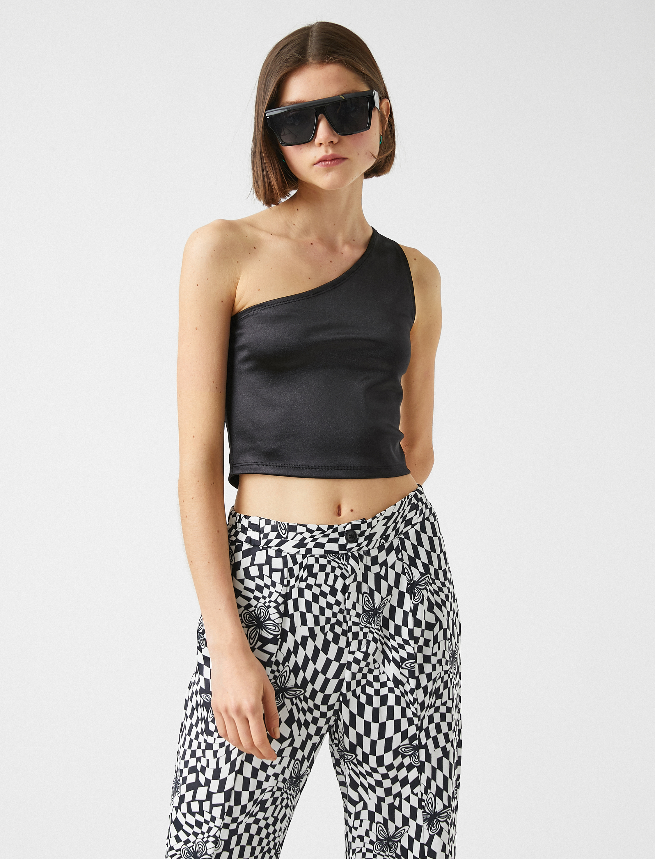   Tek Omuz Saten Crop Atlet