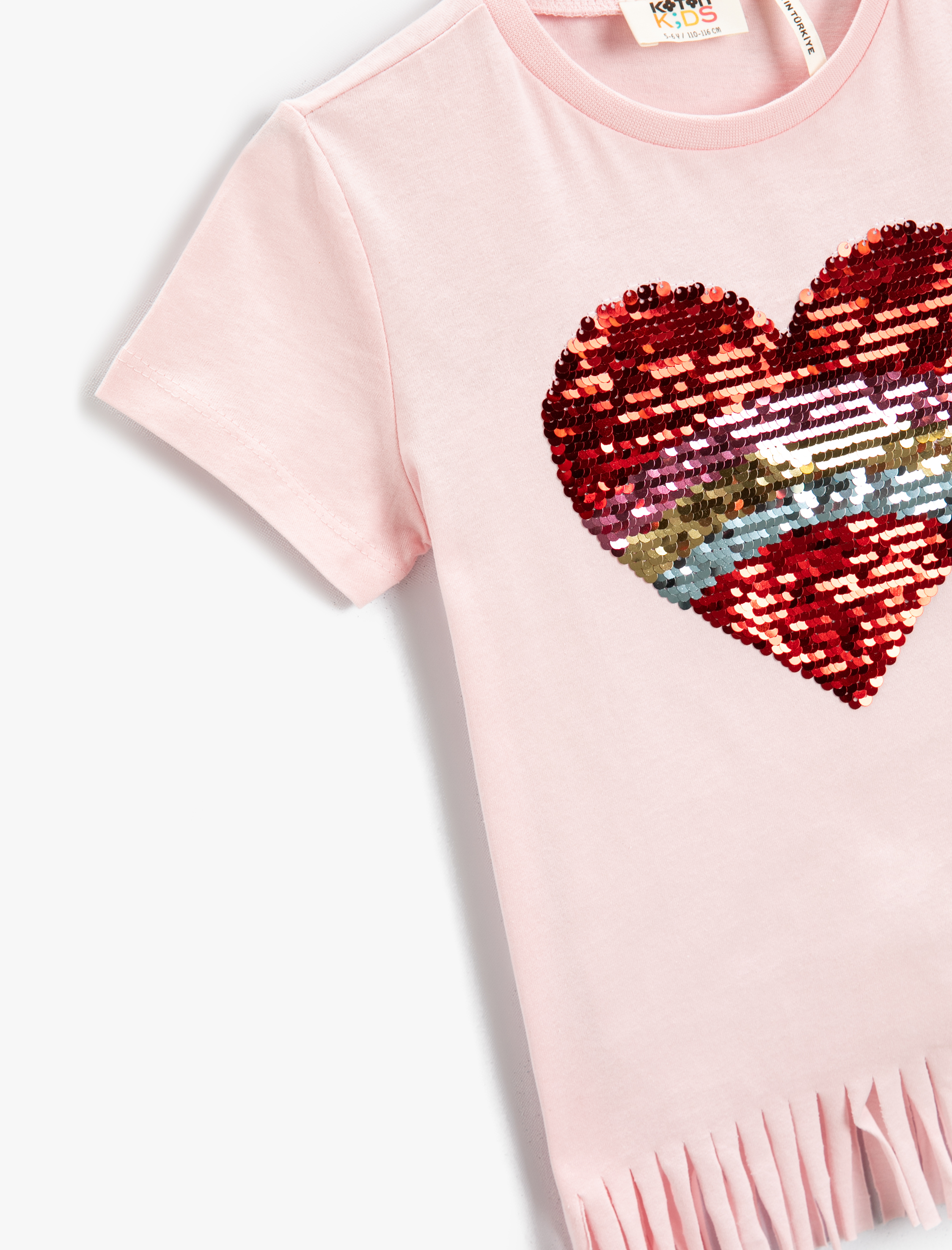  Kız Çocuk Çift Taraflı Pullu Payetli Püsküllü Kısa Kollu Tişört Pamuklu