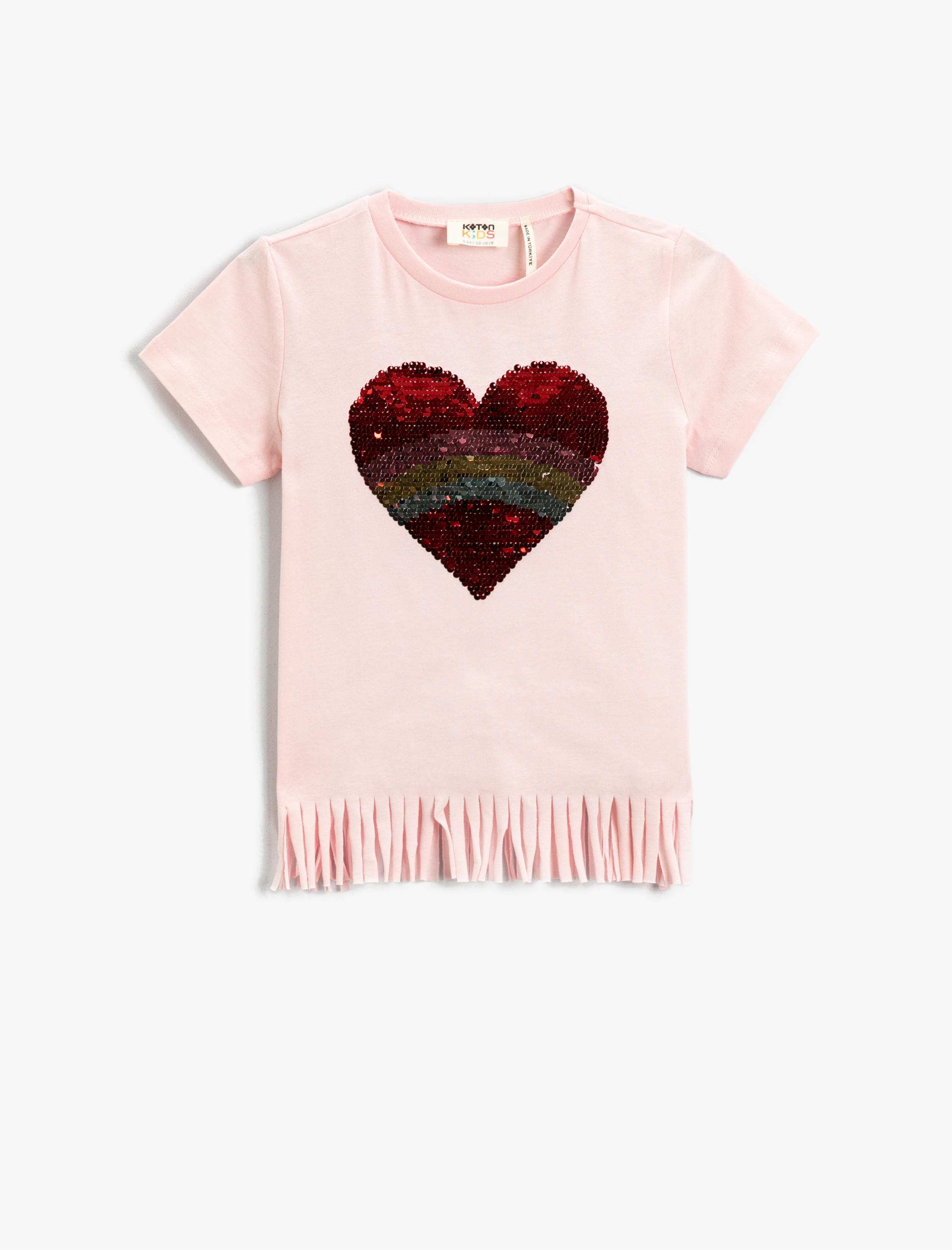  Kız Çocuk Çift Taraflı Pullu Payetli Püsküllü Kısa Kollu Tişört Pamuklu